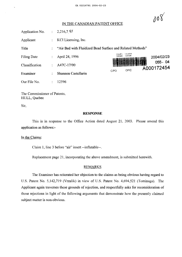 Canadian Patent Document 2216791. Prosecution-Amendment 20031223. Image 1 of 8