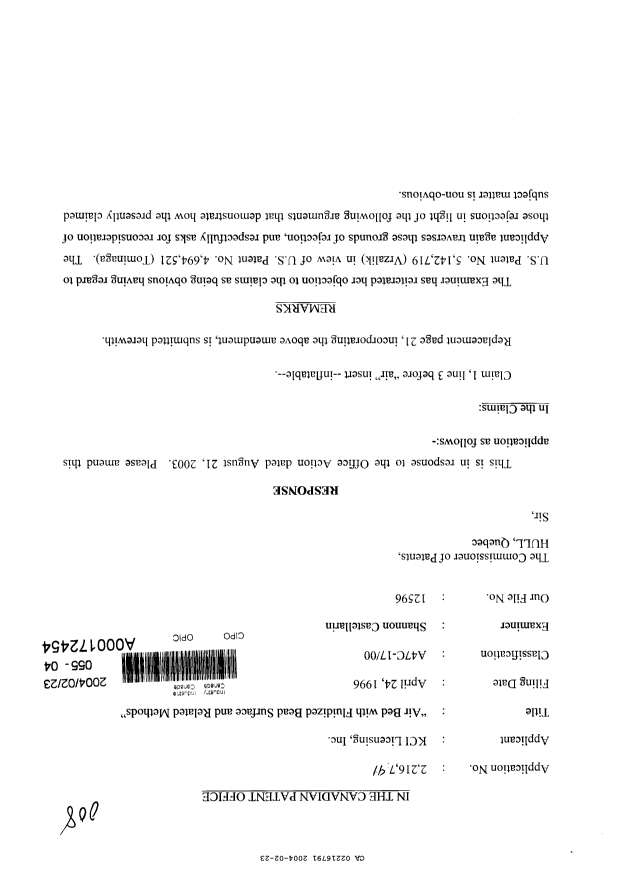 Canadian Patent Document 2216791. Prosecution-Amendment 20031223. Image 1 of 8
