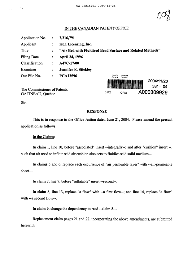Canadian Patent Document 2216791. Prosecution-Amendment 20031226. Image 1 of 5