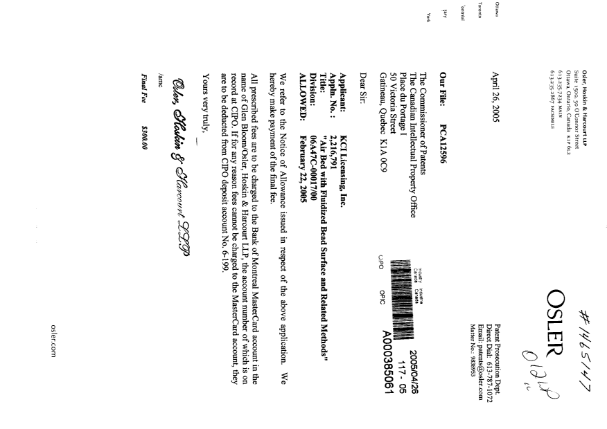 Canadian Patent Document 2216791. Correspondence 20041226. Image 1 of 1