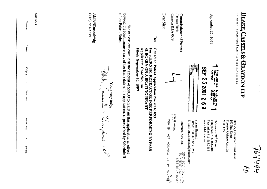 Canadian Patent Document 2216893. Fees 20010925. Image 1 of 1