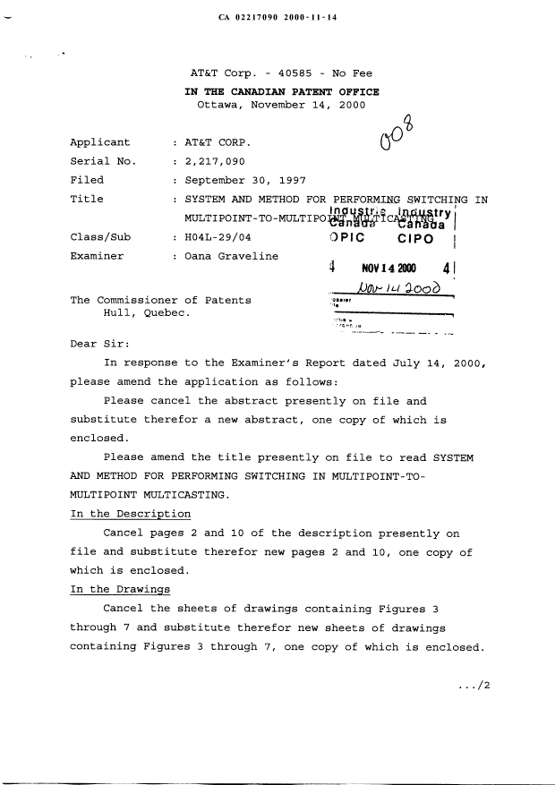Canadian Patent Document 2217090. Prosecution-Amendment 19991214. Image 1 of 9