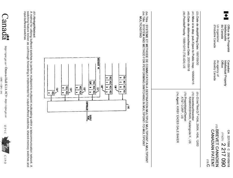 Document de brevet canadien 2217090. Page couverture 20001227. Image 1 de 1