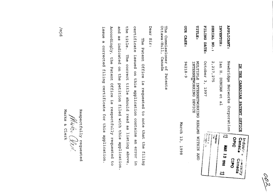 Canadian Patent Document 2217275. Correspondence 19971213. Image 1 of 1