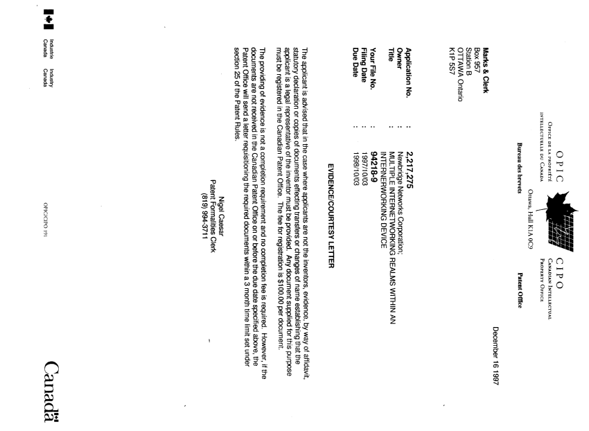Canadian Patent Document 2217275. Correspondence 19971216. Image 1 of 1