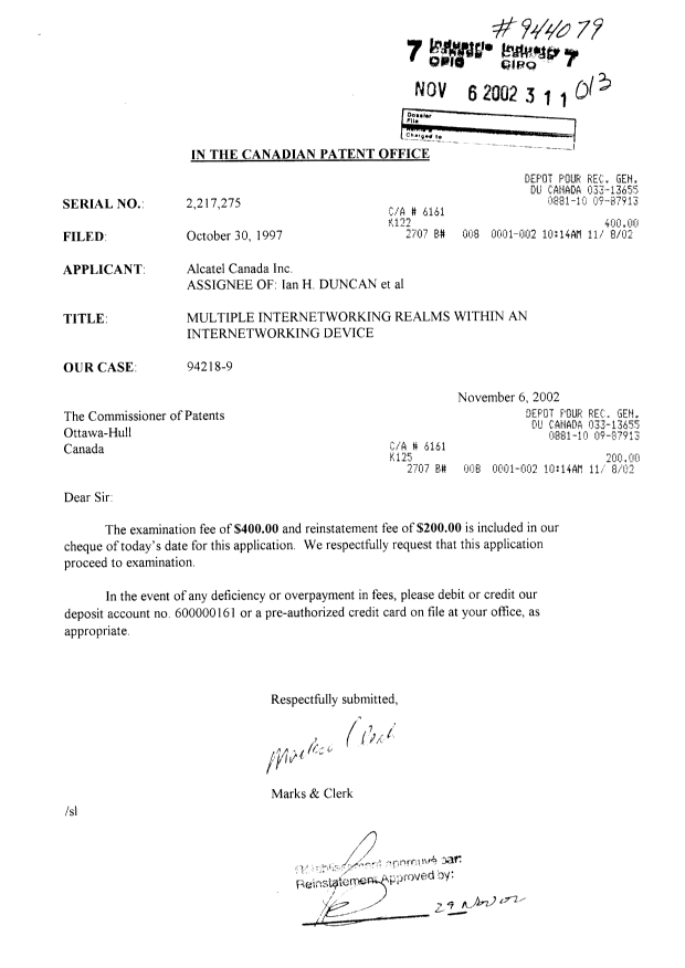 Document de brevet canadien 2217275. Poursuite-Amendment 20011206. Image 1 de 1