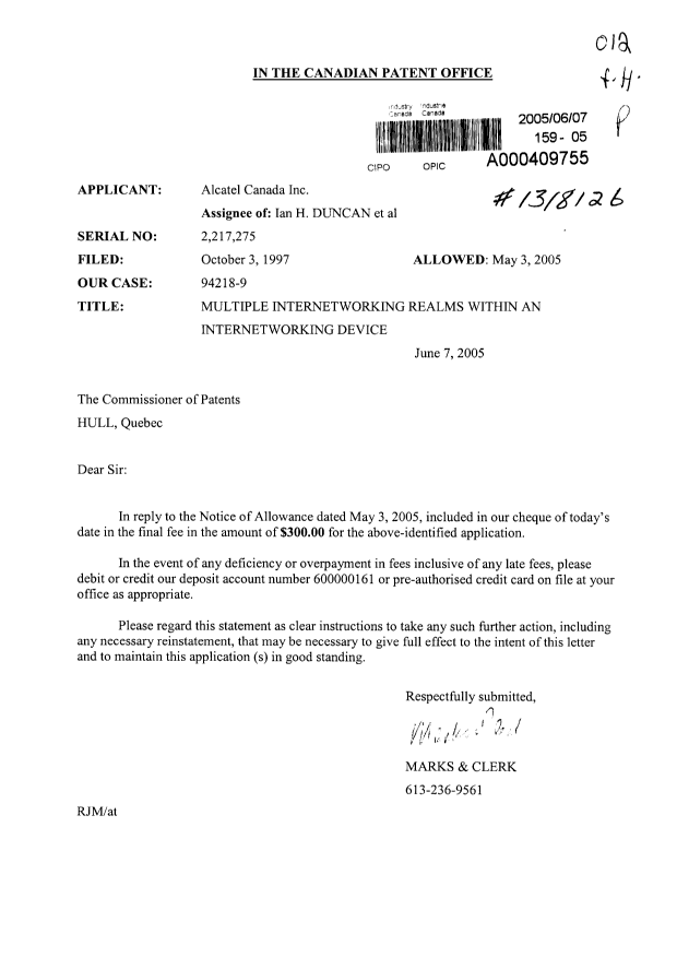 Canadian Patent Document 2217275. Correspondence 20041207. Image 1 of 1