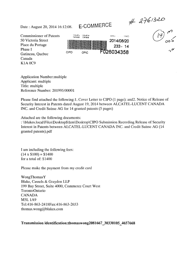 Document de brevet canadien 2217275. Cession 20131220. Image 1 de 7