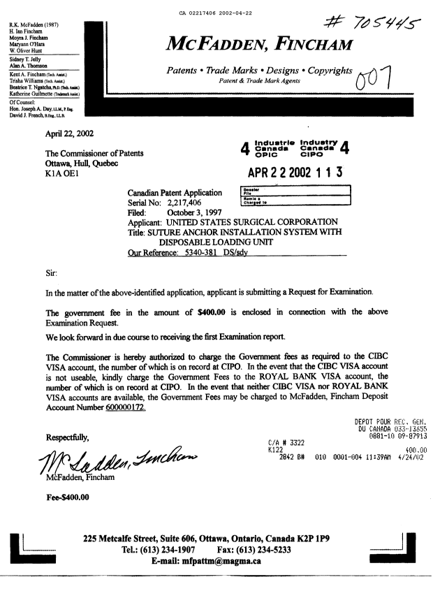 Canadian Patent Document 2217406. Prosecution-Amendment 20011222. Image 1 of 1