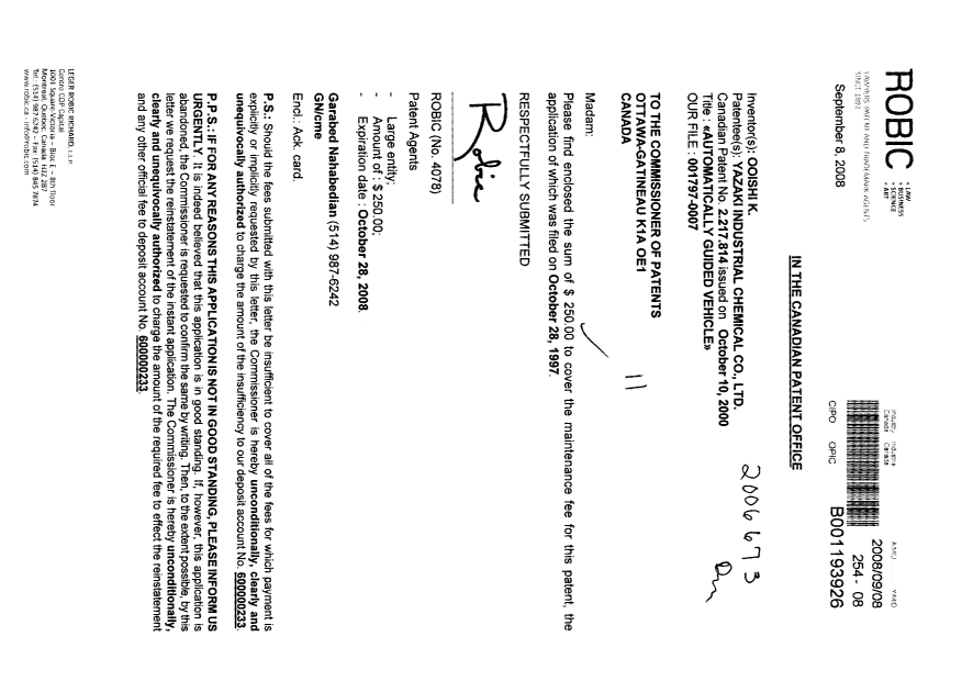 Canadian Patent Document 2217814. Fees 20080908. Image 1 of 1