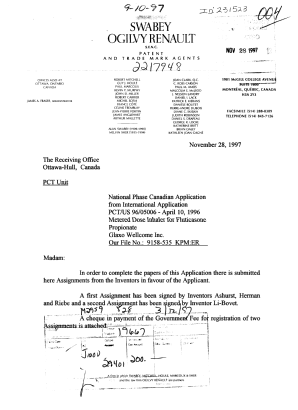 Document de brevet canadien 2217948. Cession 19971128. Image 1 de 8