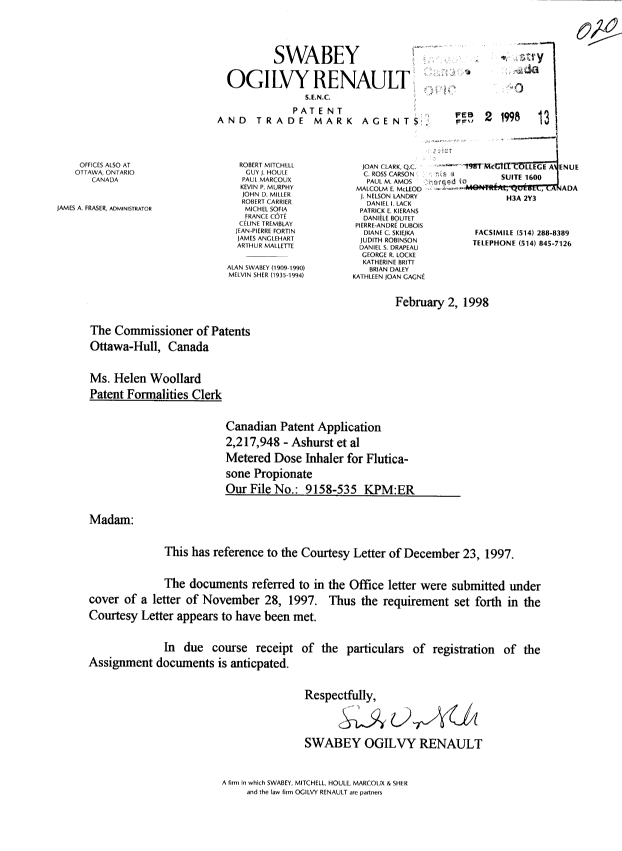 Canadian Patent Document 2217948. Correspondence 19980202. Image 1 of 1