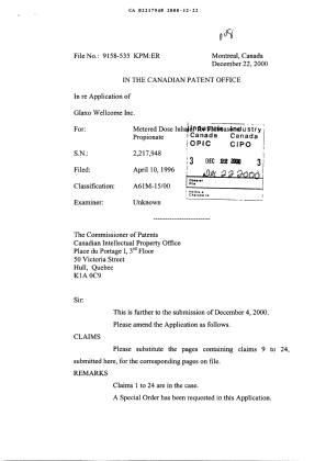 Document de brevet canadien 2217948. Poursuite-Amendment 20001222. Image 1 de 4