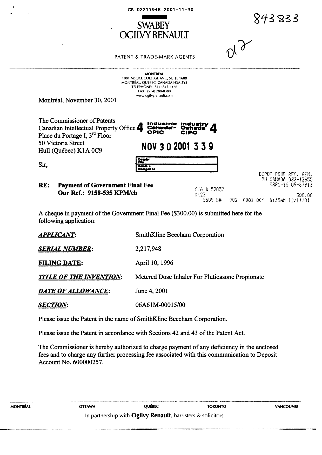 Document de brevet canadien 2217948. Correspondance 20011130. Image 1 de 2