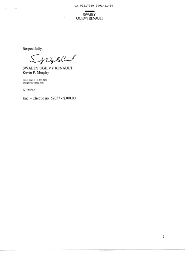 Document de brevet canadien 2217948. Correspondance 20011130. Image 2 de 2