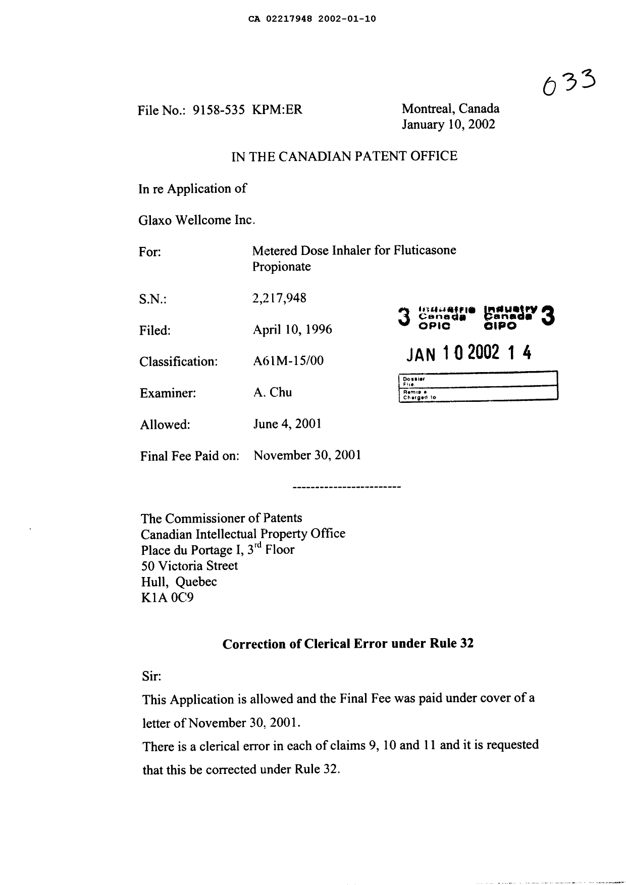 Document de brevet canadien 2217948. Correspondance 20020110. Image 1 de 3