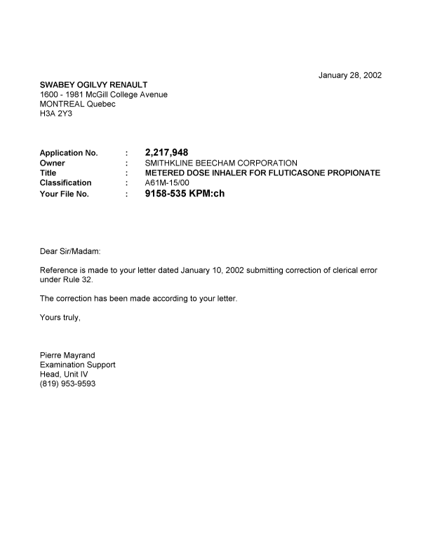 Document de brevet canadien 2217948. Correspondance 20020128. Image 1 de 1
