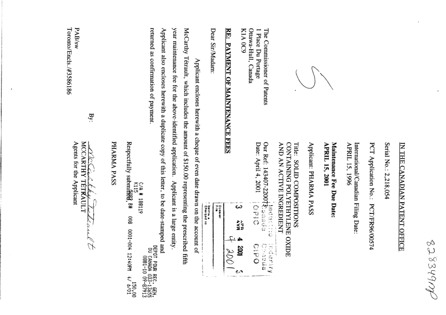 Canadian Patent Document 2218054. Fees 20010404. Image 1 of 1