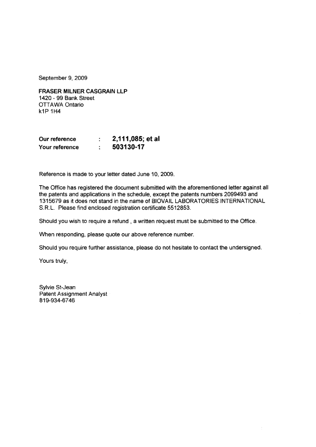 Document de brevet canadien 2218054. Correspondance 20090909. Image 1 de 6