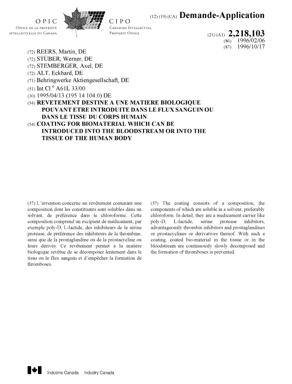 Document de brevet canadien 2218103. Page couverture 19980210. Image 1 de 1