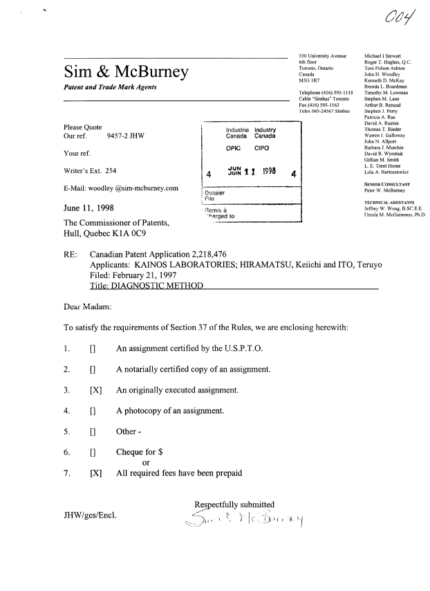 Document de brevet canadien 2218476. Cession 19980611. Image 1 de 3