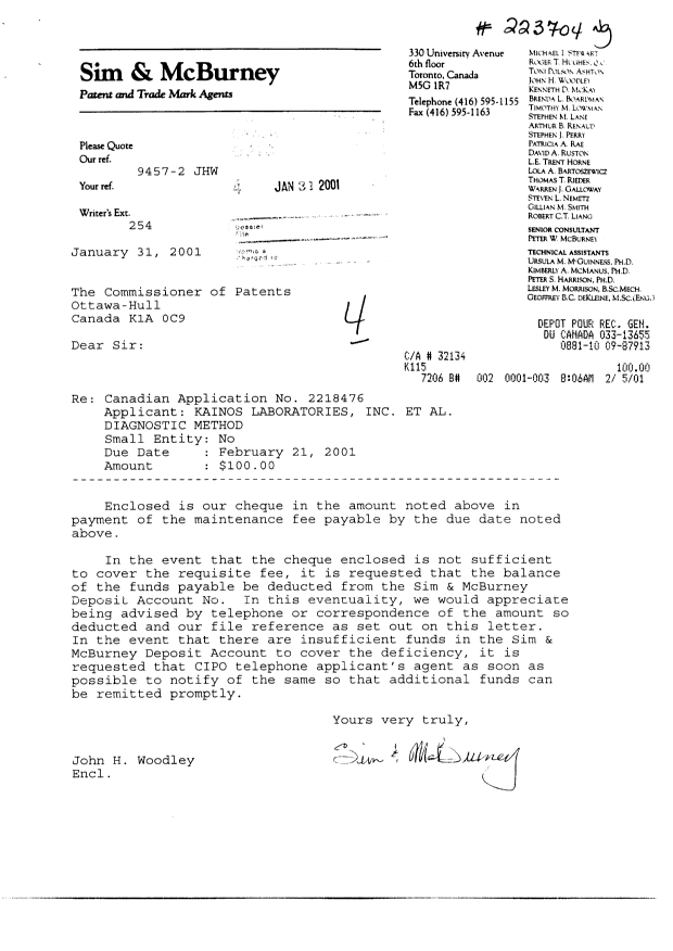 Document de brevet canadien 2218476. Taxes 20010131. Image 1 de 1