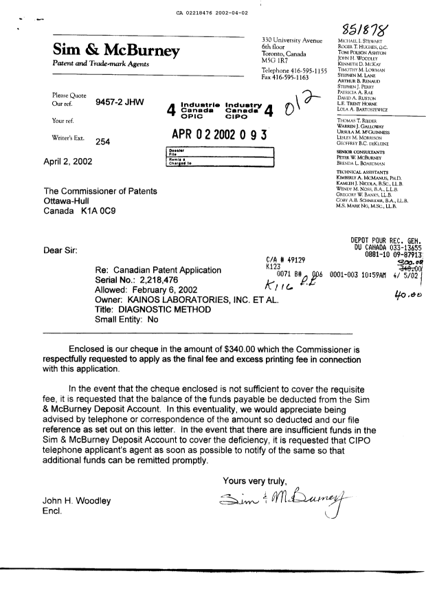Document de brevet canadien 2218476. Correspondance 20020402. Image 1 de 1