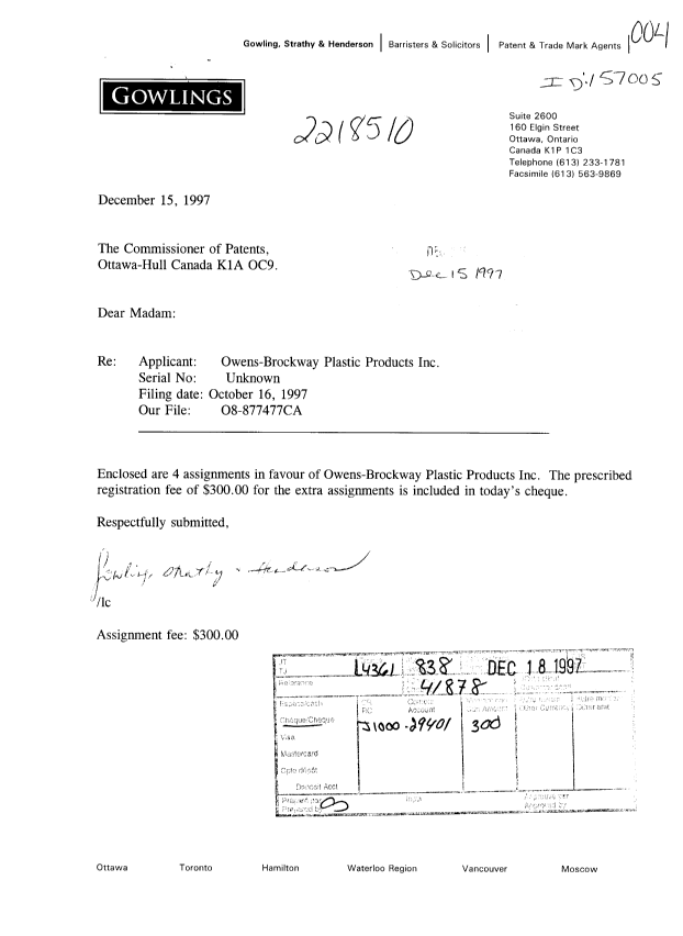 Document de brevet canadien 2218510. Cession 19971215. Image 1 de 6