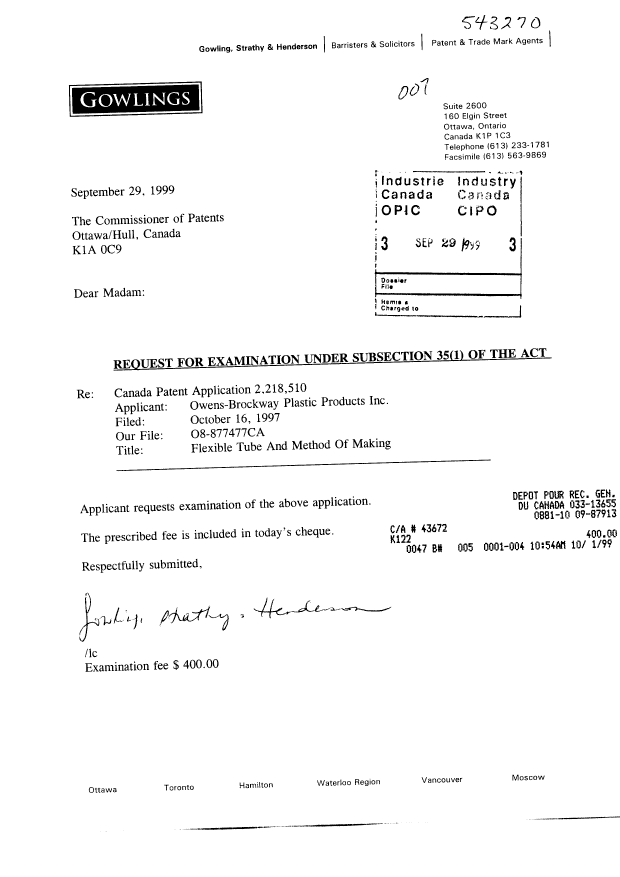 Document de brevet canadien 2218510. Poursuite-Amendment 19990929. Image 1 de 1