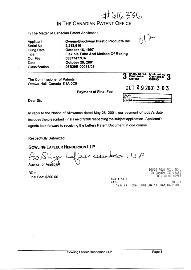 Document de brevet canadien 2218510. Correspondance 20011029. Image 1 de 1