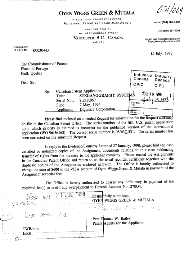 Document de brevet canadien 2218957. Cession 19980715. Image 1 de 25