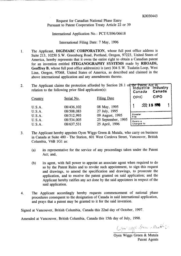 Canadian Patent Document 2218957. Assignment 19980715. Image 2 of 25