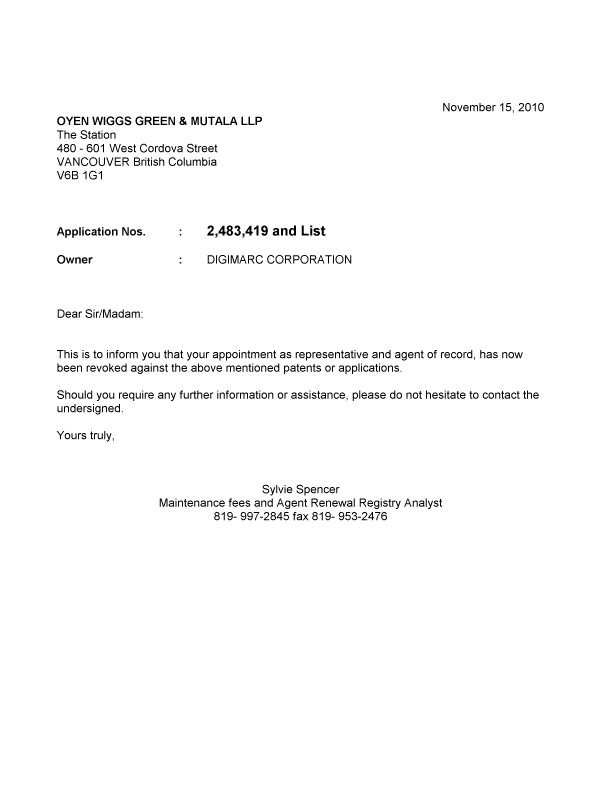 Document de brevet canadien 2218957. Correspondance 20101115. Image 1 de 1