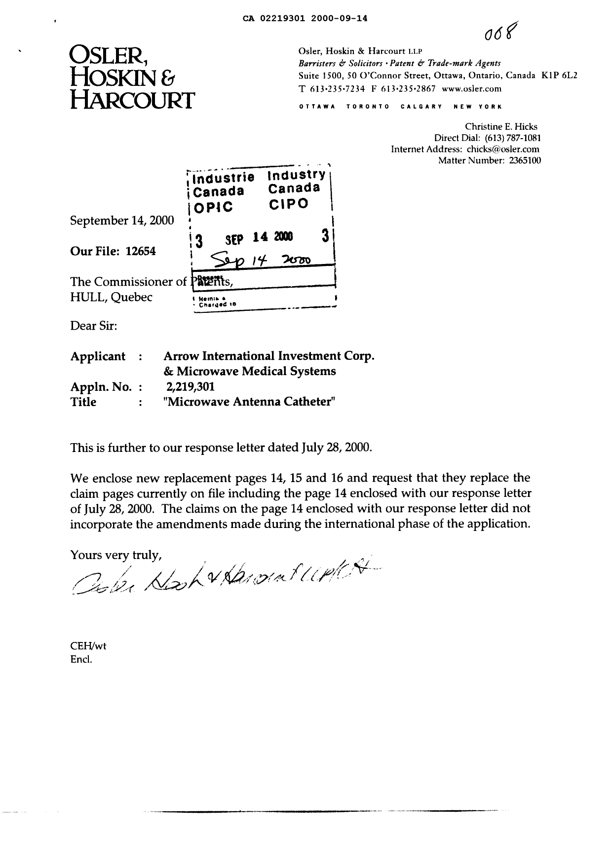 Canadian Patent Document 2219301. Prosecution-Amendment 20000914. Image 1 of 4