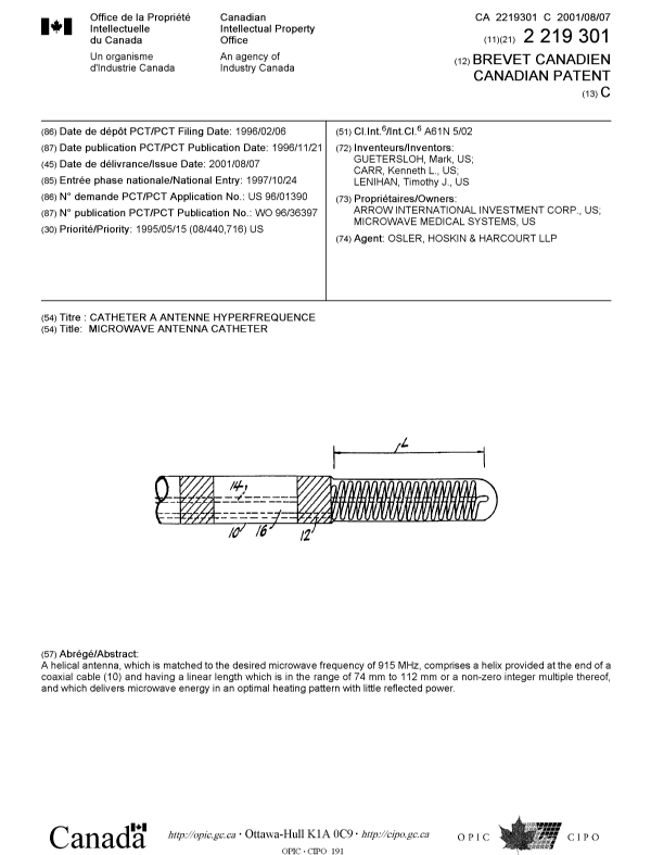 Document de brevet canadien 2219301. Page couverture 20010730. Image 1 de 1