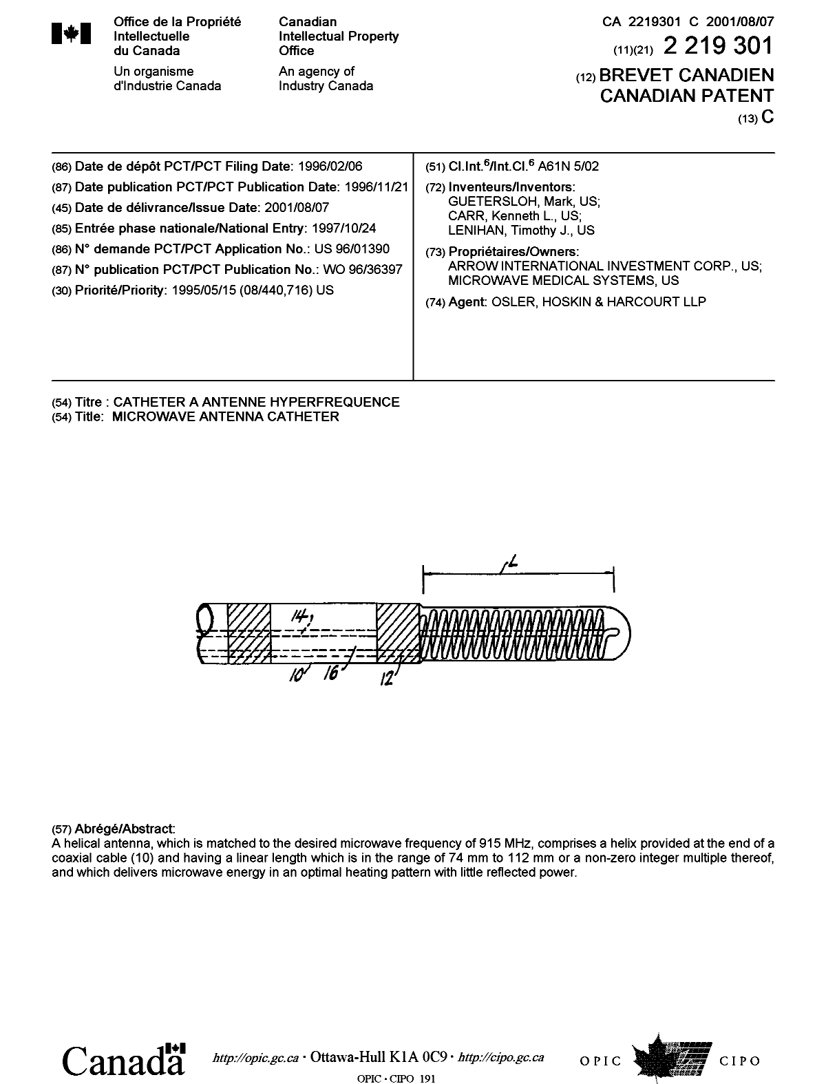 Canadian Patent Document 2219301. Cover Page 20010730. Image 1 of 1