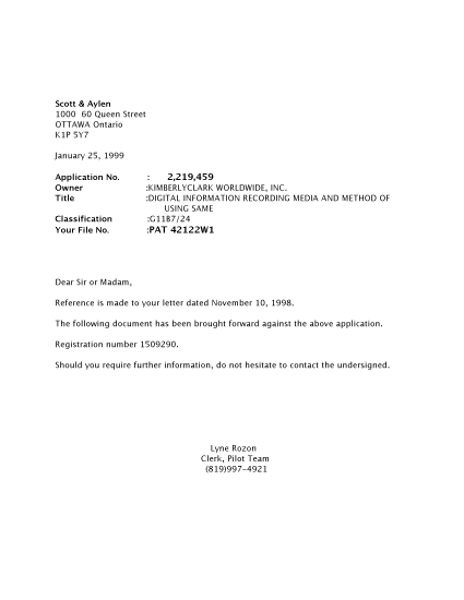 Canadian Patent Document 2219459. Correspondence 19990122. Image 1 of 1