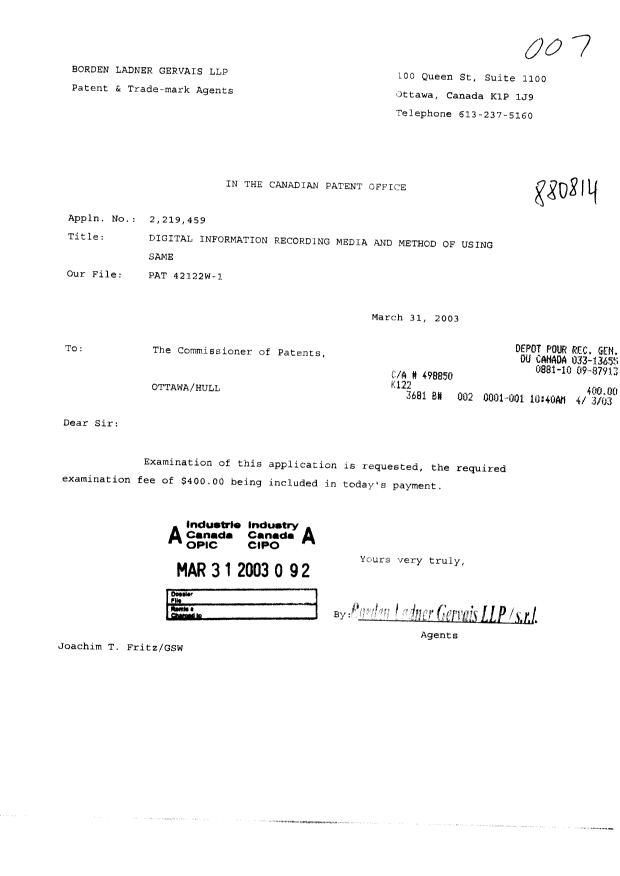Canadian Patent Document 2219459. Prosecution-Amendment 20030331. Image 1 of 1