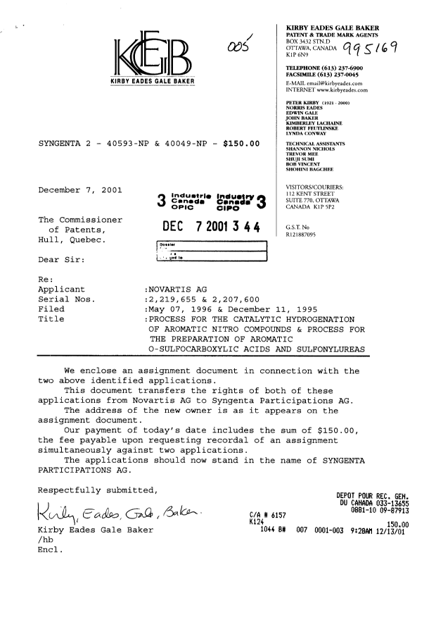 Document de brevet canadien 2219655. Cession 20011207. Image 1 de 2