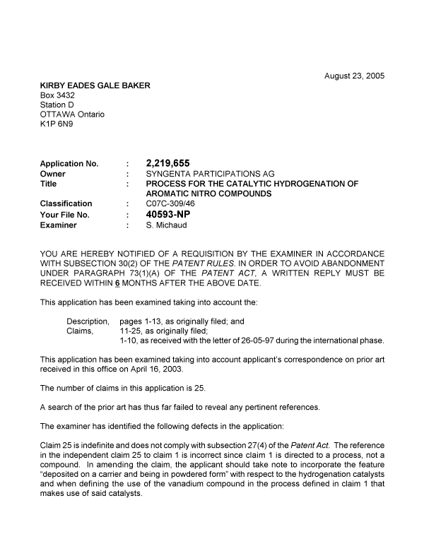 Document de brevet canadien 2219655. Poursuite-Amendment 20050823. Image 1 de 2