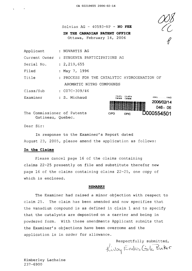 Document de brevet canadien 2219655. Poursuite-Amendment 20060214. Image 1 de 2