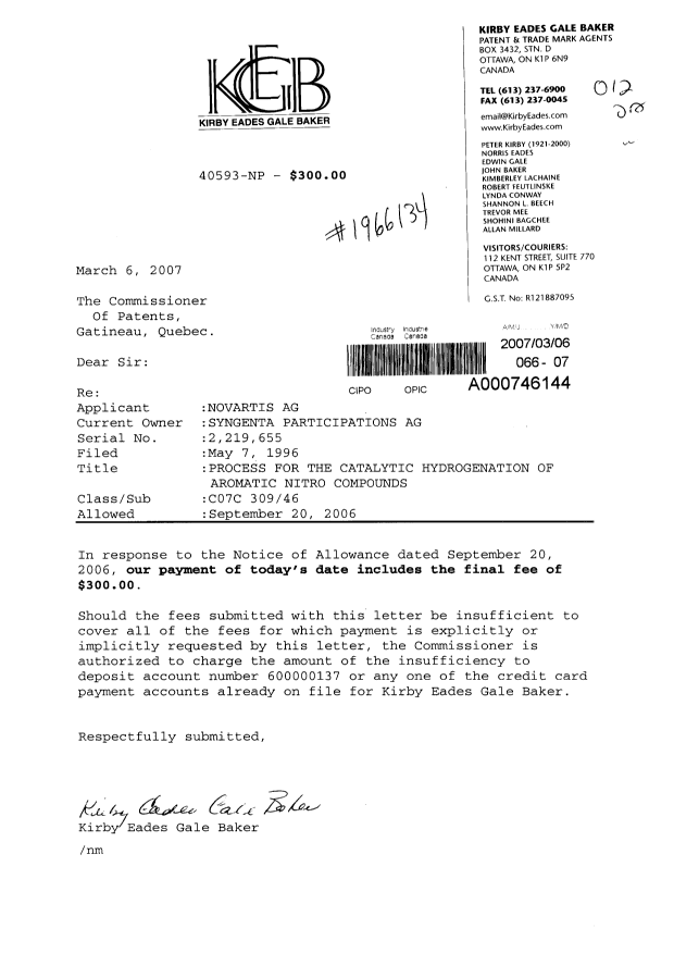 Document de brevet canadien 2219655. Correspondance 20070306. Image 1 de 1