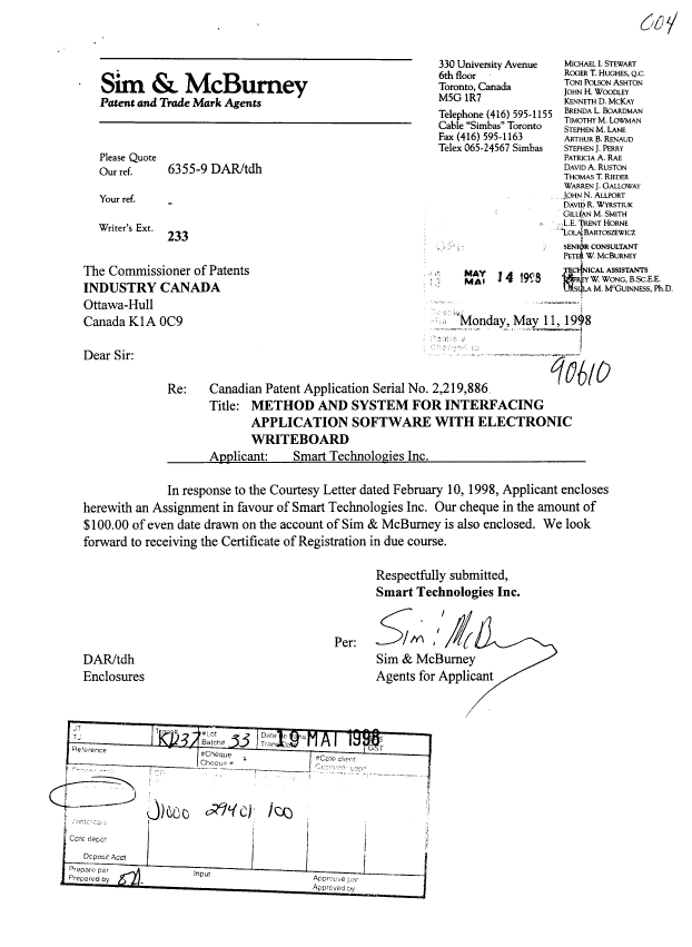 Document de brevet canadien 2219886. Cession 19980514. Image 1 de 4
