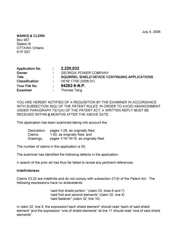 Canadian Patent Document 2220032. Prosecution-Amendment 20060704. Image 1 of 2