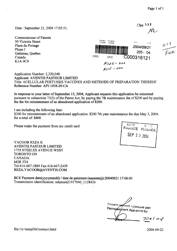 Document de brevet canadien 2220048. Taxes 20040921. Image 1 de 1