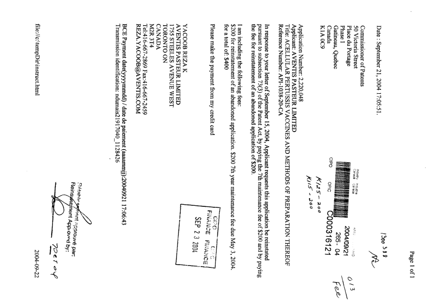 Canadian Patent Document 2220048. Fees 20040921. Image 1 of 1