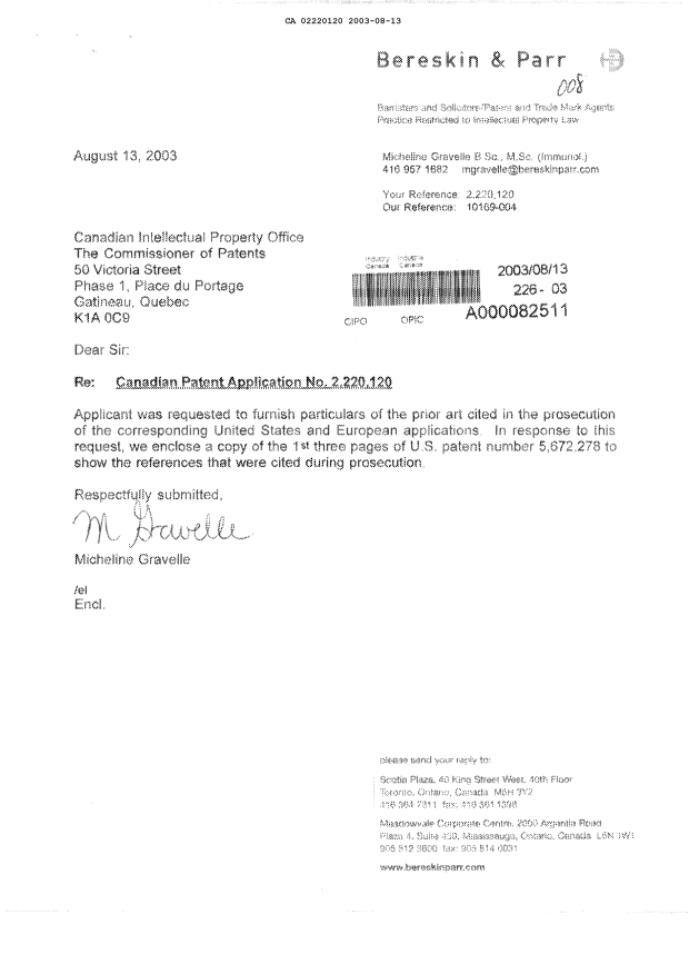 Canadian Patent Document 2220120. Prosecution-Amendment 20030813. Image 1 of 1