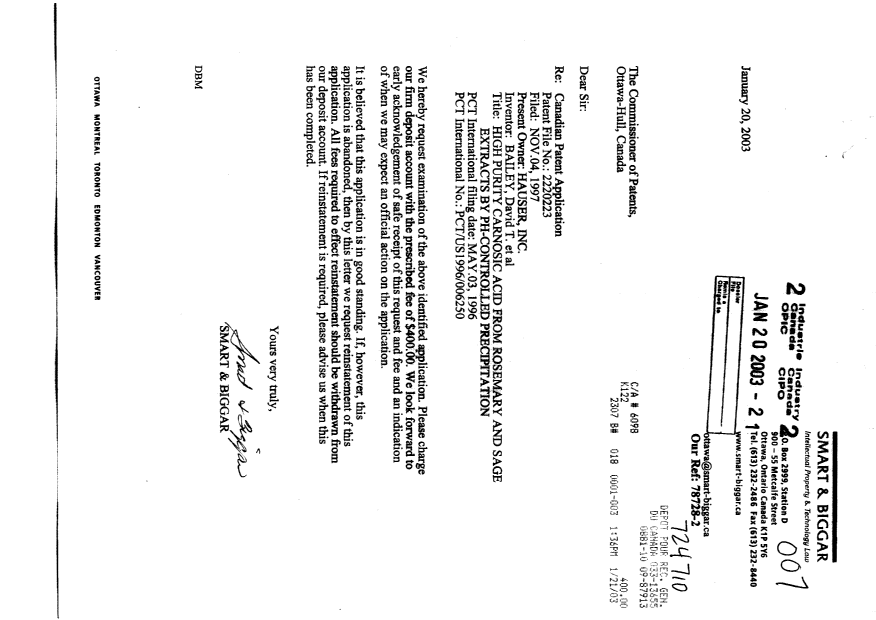 Canadian Patent Document 2220223. Prosecution-Amendment 20030120. Image 1 of 1