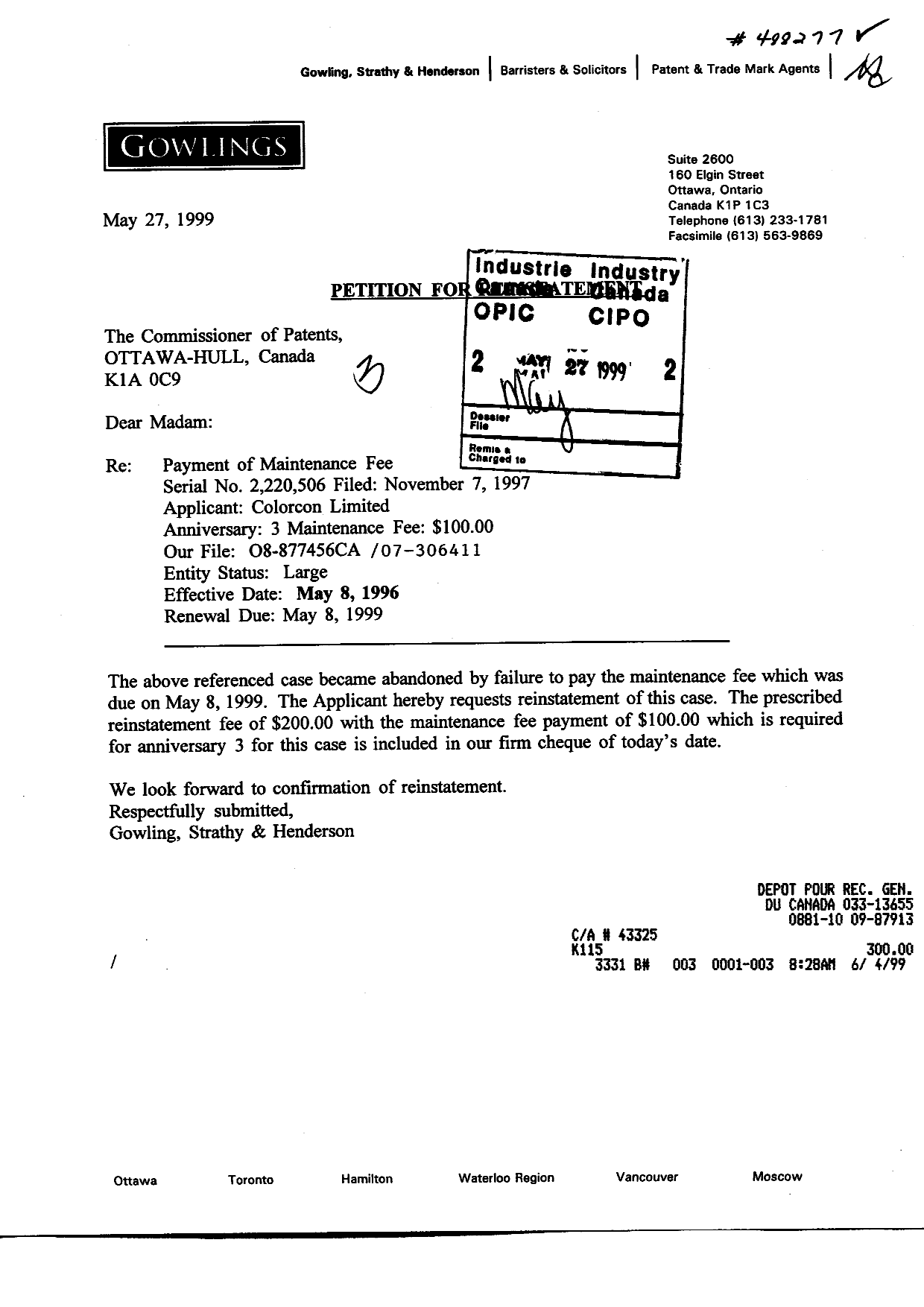 Canadian Patent Document 2220506. Fees 19981227. Image 1 of 1