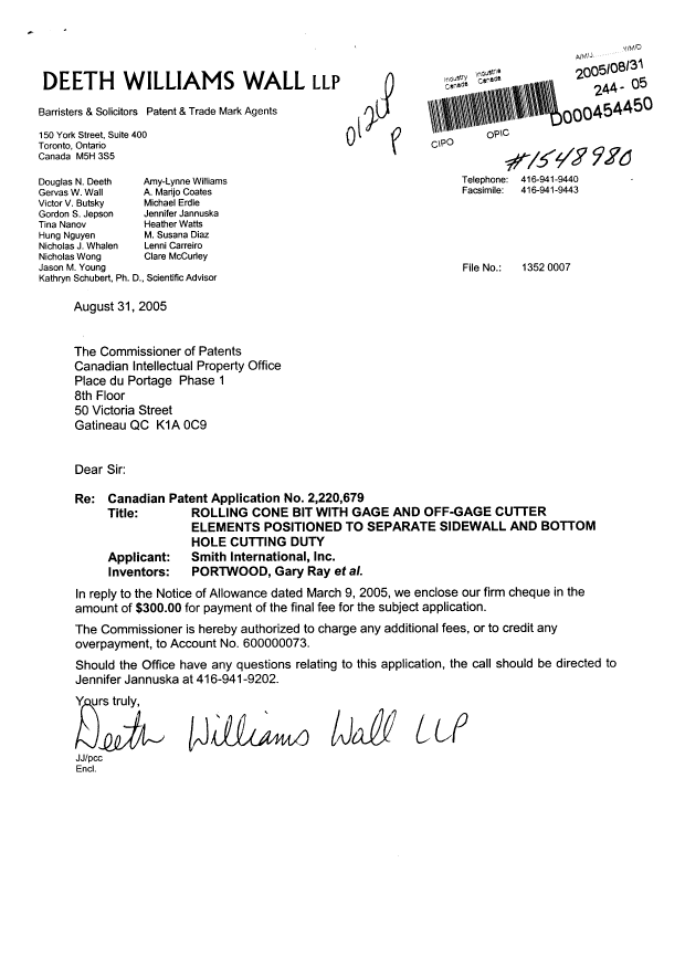 Document de brevet canadien 2220679. Correspondance 20050831. Image 1 de 1